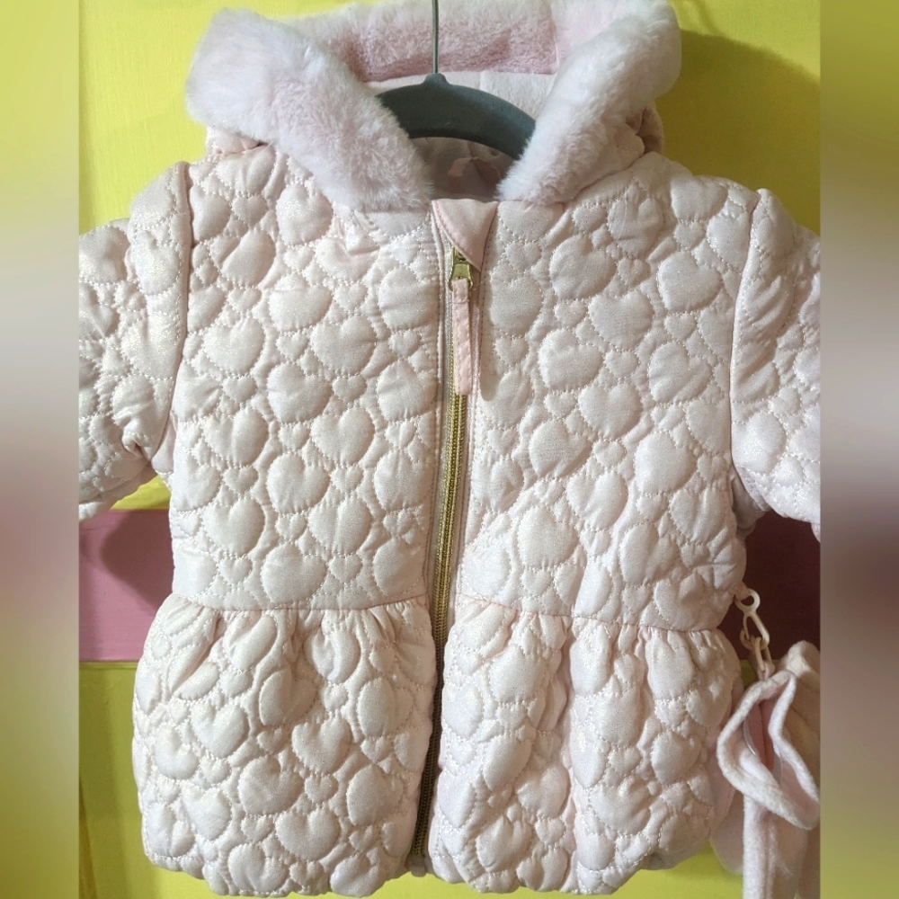 NWT Rothschild pink, sparkly, quilted winter coat with faux fur and mitten set